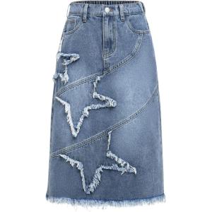 imageSweatyRocks Girls High Waist Y2K Punk Distressed Raw Trim Midi Denim SkirtsMedium Wash