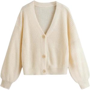imageSweatyRocks Girls Long Sleeve Drop Shoulder V Neck Button Front Ribbed Knit Cardigan SweatersBeige