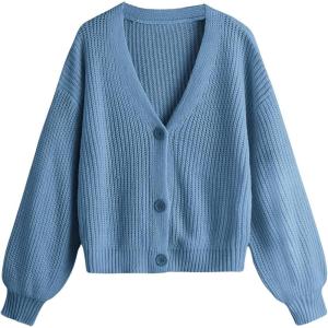 imageSweatyRocks Girls Long Sleeve Drop Shoulder V Neck Button Front Ribbed Knit Cardigan SweatersBlue