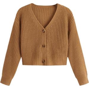 imageSweatyRocks Girls Long Sleeve Drop Shoulder V Neck Button Front Ribbed Knit Cardigan SweatersBrown