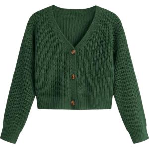 imageSweatyRocks Girls Long Sleeve Drop Shoulder V Neck Button Front Ribbed Knit Cardigan SweatersDark Green