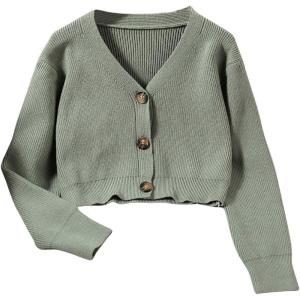 imageSweatyRocks Girls Long Sleeve Drop Shoulder V Neck Button Front Ribbed Knit Cardigan SweatersDeep Green