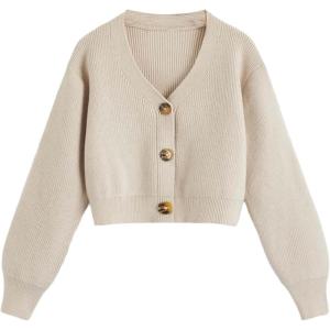 imageSweatyRocks Girls Long Sleeve Drop Shoulder V Neck Button Front Ribbed Knit Cardigan SweatersLight Khaki