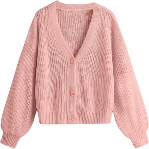 imageSweatyRocks Girls Long Sleeve Drop Shoulder V Neck Button Front Ribbed Knit Cardigan SweatersPink