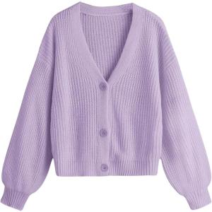 imageSweatyRocks Girls Long Sleeve Drop Shoulder V Neck Button Front Ribbed Knit Cardigan SweatersPurple