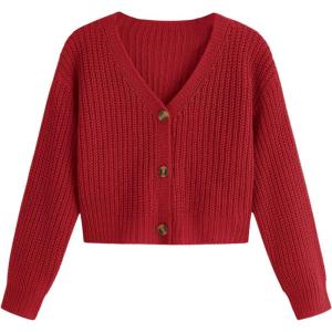 imageSweatyRocks Girls Long Sleeve Drop Shoulder V Neck Button Front Ribbed Knit Cardigan SweatersRed