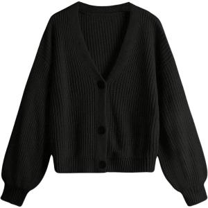 imageSweatyRocks Girls Long Sleeve Drop Shoulder V Neck Button Front Ribbed Knit Cardigan SweatersSolid Black