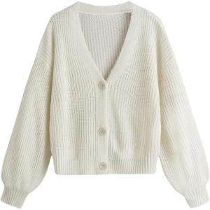 imageSweatyRocks Girls Long Sleeve Drop Shoulder V Neck Button Front Ribbed Knit Cardigan SweatersSolid White