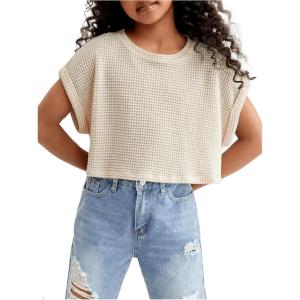 imageSweatyRocks Girls Waffle Knit T Shirts Short Sleeve Crew Neck Loose Fit Solid Casual Crop TopsBeige