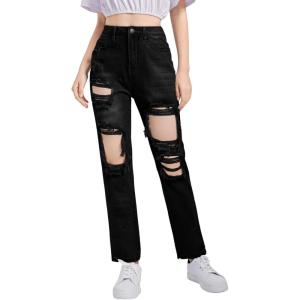 imageSweatyRocks Teen Girls High Waisted Straight Leg Ripped Jeans Washed Denim Pants with PocketsBlack