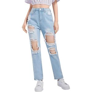 imageSweatyRocks Teen Girls High Waisted Straight Leg Ripped Jeans Washed Denim Pants with PocketsLight Wash