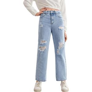 imageSweatyRocks Teen Girls High Waisted Straight Leg Ripped Jeans Washed Denim Pants with PocketsLight Wash Blue