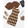 imageSweatyRocks Girls 2 Piece Outfits Argyle Print Cami Mini Dress with Short Sleeve Crop TeeBrown