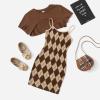 imageSweatyRocks Girls 2 Piece Outfits Argyle Print Cami Mini Dress with Short Sleeve Crop TeeBrown