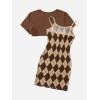 imageSweatyRocks Girls 2 Piece Outfits Argyle Print Cami Mini Dress with Short Sleeve Crop TeeBrown