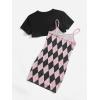 imageSweatyRocks Girls 2 Piece Outfits Argyle Print Cami Mini Dress with Short Sleeve Crop TeePink Black