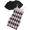 imageSweatyRocks Girls 2 Piece Outfits Argyle Print Cami Mini Dress with Short Sleeve Crop TeePink Black