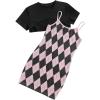 imageSweatyRocks Girls 2 Piece Outfits Argyle Print Cami Mini Dress with Short Sleeve Crop TeePink Black