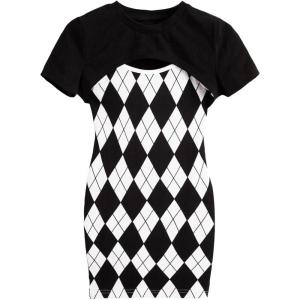 imageSweatyRocks Girls 2 Piece Outfits Argyle Print Cami Mini Dress with Short Sleeve Crop TeeBlack