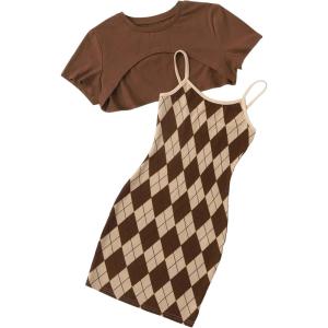 imageSweatyRocks Girls 2 Piece Outfits Argyle Print Cami Mini Dress with Short Sleeve Crop TeeBrown