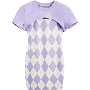 imageSweatyRocks Girls 2 Piece Outfits Argyle Print Cami Mini Dress with Short Sleeve Crop TeeLavender