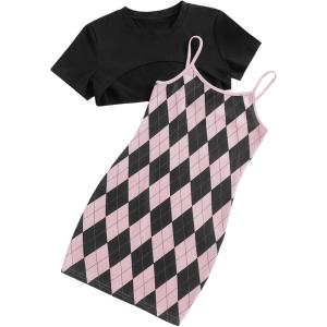 imageSweatyRocks Girls 2 Piece Outfits Argyle Print Cami Mini Dress with Short Sleeve Crop TeePink Black