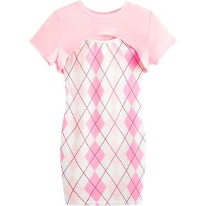 imageSweatyRocks Girls 2 Piece Outfits Argyle Print Cami Mini Dress with Short Sleeve Crop TeePink White