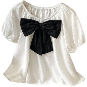 imageSweatyRocks Girls Short Sleeve Shirts Summer Crewneck Tops Casual Cute Bow Puff Sleeve BlousesBlack and White