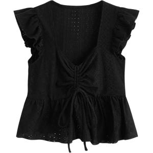 imageSweatyRocks Womens Ruffle Hem Cap Sleeve Shirts Sweetheart Neck Peplum Blouse TopBlack