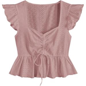 imageSweatyRocks Womens Ruffle Hem Cap Sleeve Shirts Sweetheart Neck Peplum Blouse TopDusty Pink