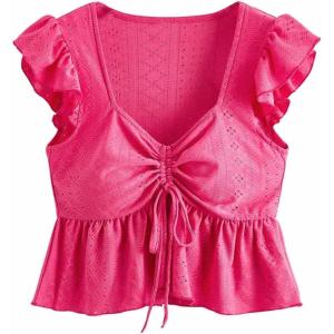 imageSweatyRocks Womens Ruffle Hem Cap Sleeve Shirts Sweetheart Neck Peplum Blouse TopHot Pink