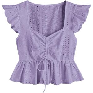 imageSweatyRocks Womens Ruffle Hem Cap Sleeve Shirts Sweetheart Neck Peplum Blouse TopLilac Purple