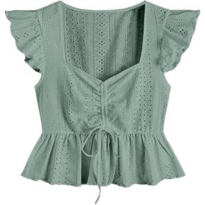 imageSweatyRocks Womens Ruffle Hem Cap Sleeve Shirts Sweetheart Neck Peplum Blouse TopMint Green