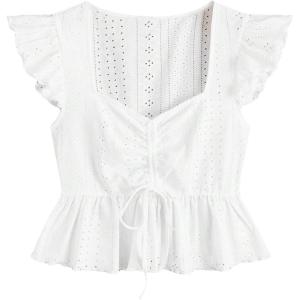 imageSweatyRocks Womens Ruffle Hem Cap Sleeve Shirts Sweetheart Neck Peplum Blouse TopSolid White