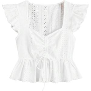 imageSweatyRocks Womens Ruffle Hem Cap Sleeve Shirts Sweetheart Neck Peplum Blouse TopWhite