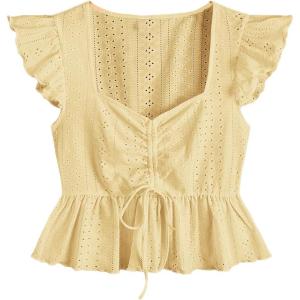 imageSweatyRocks Womens Ruffle Hem Cap Sleeve Shirts Sweetheart Neck Peplum Blouse TopYellow