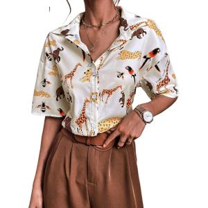 imageSweatyRocks Womens Short Sleeve Cute Print Button Down Shirt TopsBeige Animal