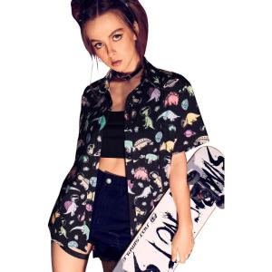 imageSweatyRocks Womens Short Sleeve Cute Print Button Down Shirt TopsBlack Dinosaur