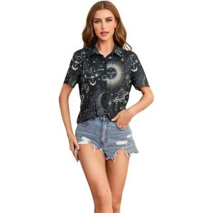 imageSweatyRocks Womens Short Sleeve Cute Print Button Down Shirt TopsBlack Sun Moon