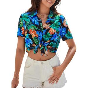 imageSweatyRocks Womens Short Sleeve Cute Print Button Down Shirt TopsBlack and Blue