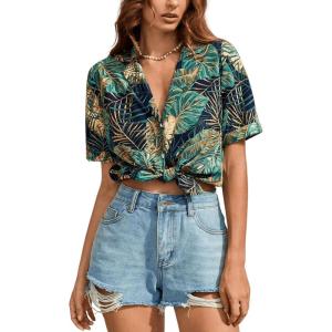 imageSweatyRocks Womens Short Sleeve Cute Print Button Down Shirt TopsBlue and Green