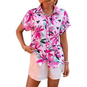 imageSweatyRocks Womens Short Sleeve Cute Print Button Down Shirt TopsHot Pink Flowers