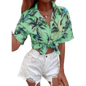 imageSweatyRocks Womens Short Sleeve Cute Print Button Down Shirt TopsLeaf Green