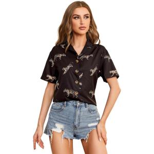 imageSweatyRocks Womens Short Sleeve Cute Print Button Down Shirt TopsLeopard Black