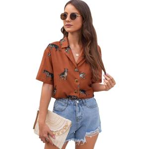 imageSweatyRocks Womens Short Sleeve Cute Print Button Down Shirt TopsLeopard Burnt Orange