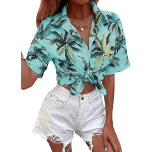 imageSweatyRocks Womens Short Sleeve Cute Print Button Down Shirt TopsMint Blue