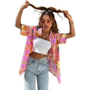 imageSweatyRocks Womens Short Sleeve Cute Print Button Down Shirt TopsPink Floral