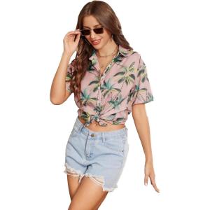 imageSweatyRocks Womens Short Sleeve Cute Print Button Down Shirt TopsPink Green