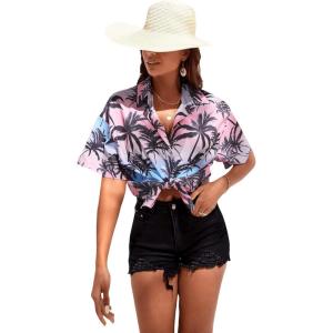 imageSweatyRocks Womens Short Sleeve Cute Print Button Down Shirt TopsPurple Tree