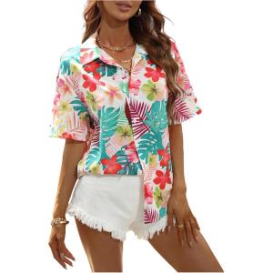imageSweatyRocks Womens Short Sleeve Cute Print Button Down Shirt TopsRed Green